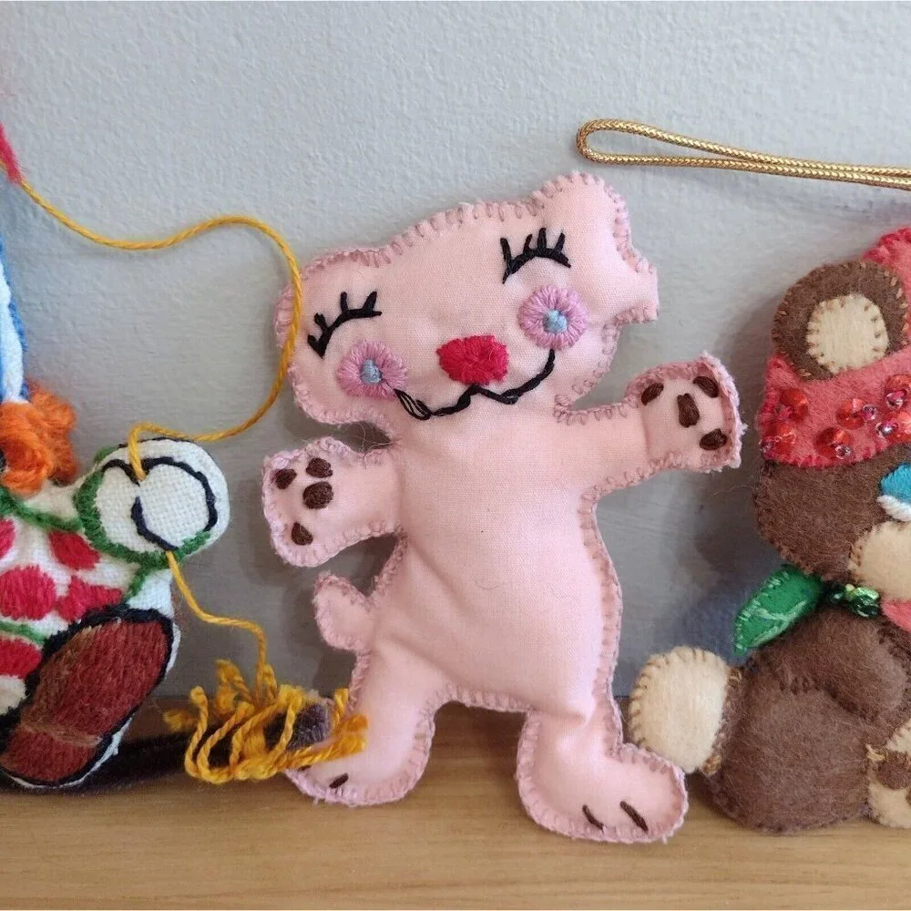 Vintage (3) Handmade Hand Stitched Stuffed Christmas Ornaments Crewel Clown Bear